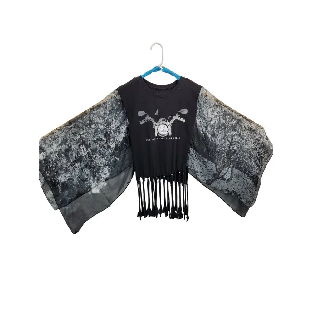 Upcycled T Shirt Poncho Handknotted Beaded Fringe M Life is Good Black